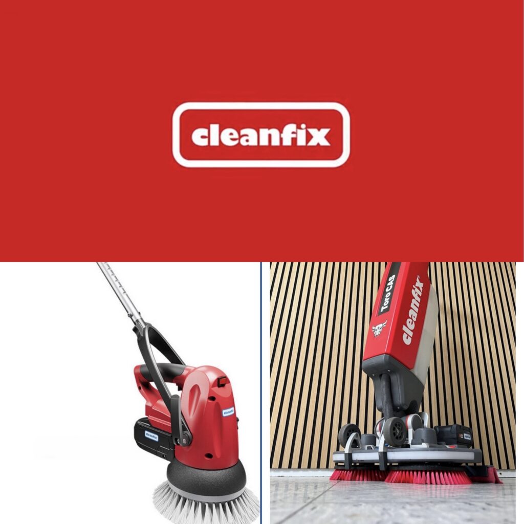Shows two pieces of cleaning equipment, a large and a small electric scrubber